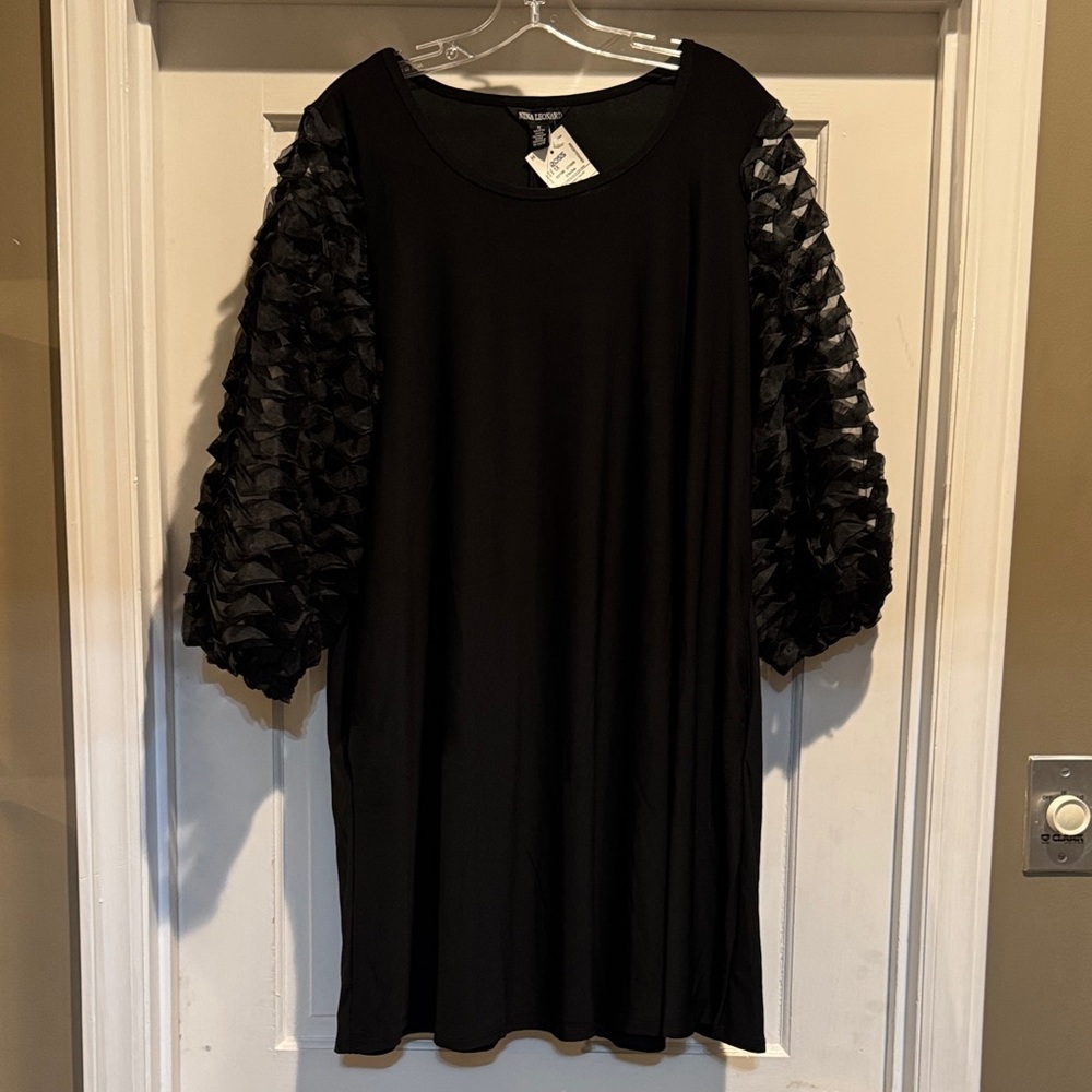 Nina Leonard Black Dress with Textured Ruffle Sleeve Detail, 1X